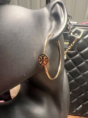 Gold Hoop Earrings with Round Logo Medallion